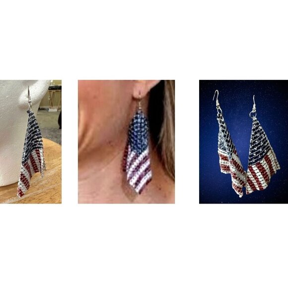 New American Flag Earrings Drop Dangle Stars Stripes Patriotic July 4 Ve… - Picture 7 of 12